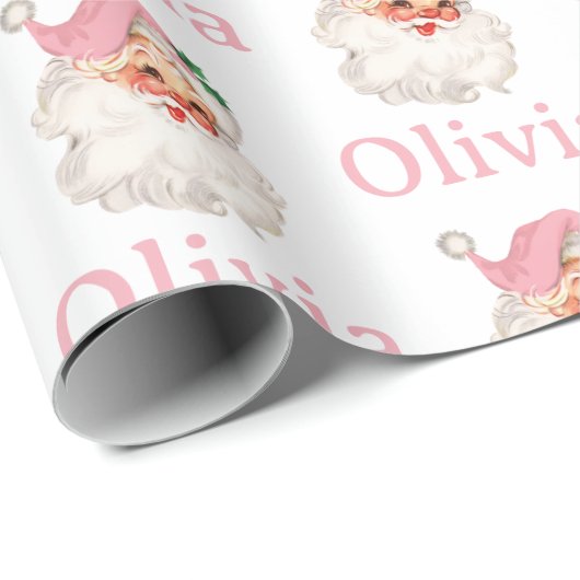 Retro Pink Santa gepersonaliseerd Cadeaupapier (Rol Hoek)