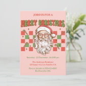 Retro Pink Santa Merry Christmas Party Kaart (Staand voorkant)