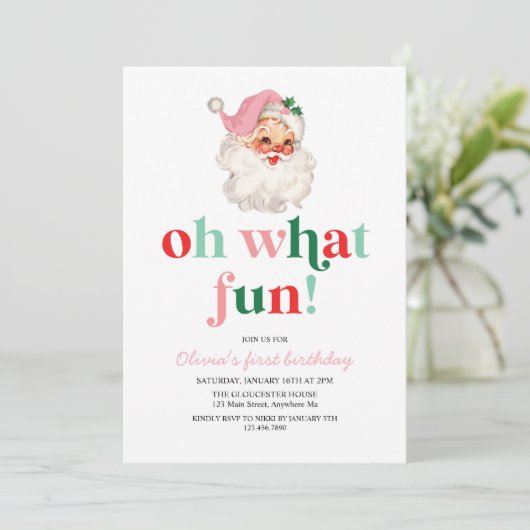 Retro Pink Santa oh wat een leuke verjaardag Kaart (Staand voorkant)