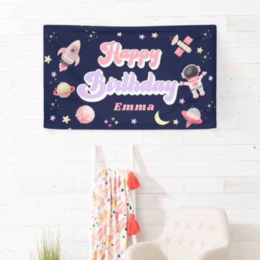 Retro Pink Space Happy Birthday-banner Spandoek (Insitu)