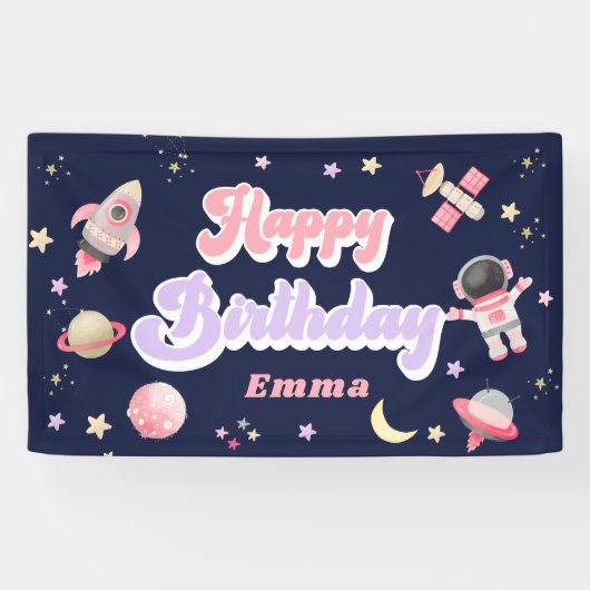 Retro Pink Space Happy Birthday-banner Spandoek (Horizontaal)