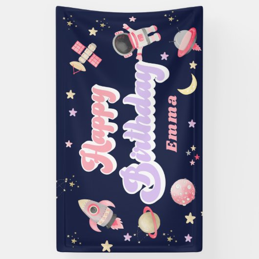 Retro Pink Space Happy Birthday-banner Spandoek (Verticaal)