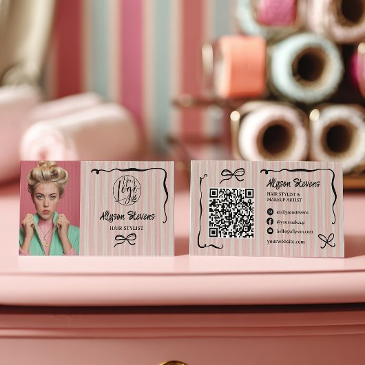 Retro Pink Striped Quirky Hair photo qr code Logo Visitekaartje
