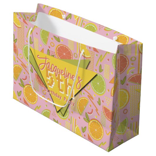 Retro Pink Summer Citrus Fruit Birthday Groot Cadeauzakje (Voorkant Gekanteld)