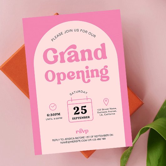 Retro Pink Trendy Arch Nieuwe Business Grand Openi Kaart