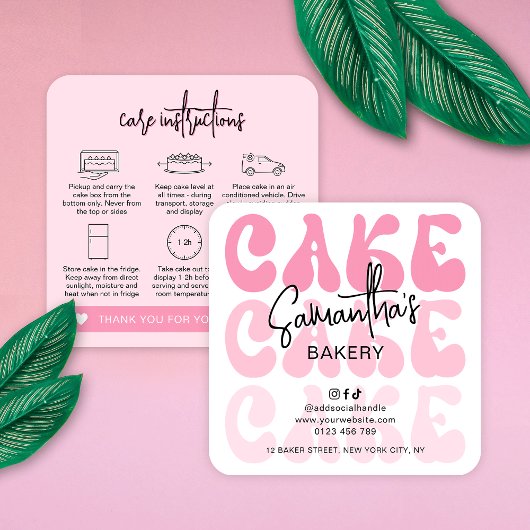 Retro Pink Trendy Girly Cake Care Instructies Vierkante Visitekaartje