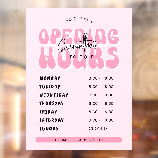 Retro Pink Trendy Spa Salon Shop Openingstijden Raamsticker (Vel 2)