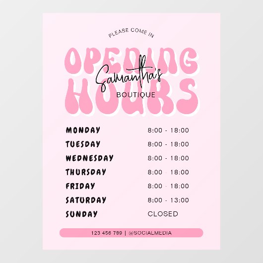 Retro Pink Trendy Spa Salon Shop Openingstijden Raamsticker (Vel)