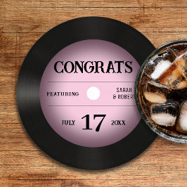 Retro Pink Vinyl Record Bruiloft Gefeliciteerd Ronde Kartonnen Onderzetter
