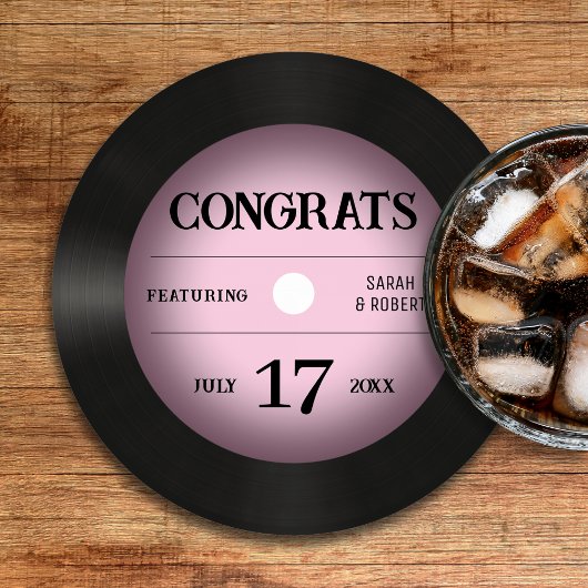 Retro Pink Vinyl Record Bruiloft Gefeliciteerd Ronde Kartonnen Onderzetter