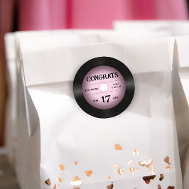 Retro Pink Vinyl Record Bruiloft Gefeliciteerd Ronde Sticker