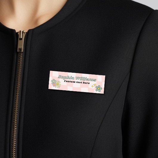 Retro Pink Wavy Checker Naamplaatje