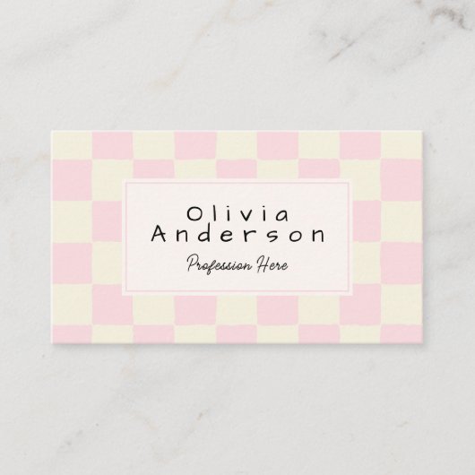 Retro Pink Wavy Checkered Girly Pastel QR Code Visitekaartje (Voorkant)