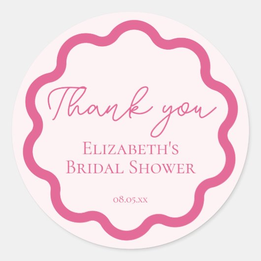 Retro Pink Wavy Scalloped Circle Script Dank u Ronde Sticker (Voorkant)