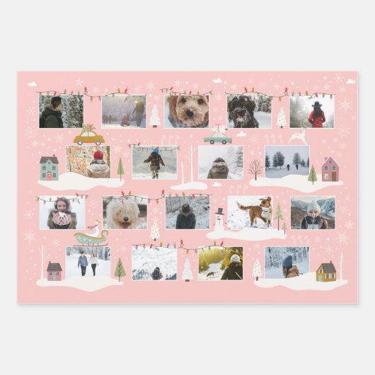 Retro Pink Woodland Scene Aangepaste foto's Kerstm Inpakpapier Vel (Voorkant)