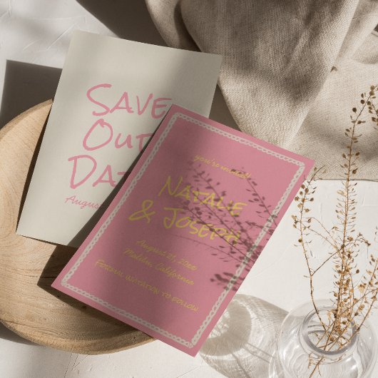 Retro Pink Yellow Colorful Pastel Funky Wedding Save The Date