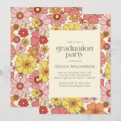 Retro Pink Yellow Floral Groovy Graduy Party Kaart (Voorkant / Achterkant)