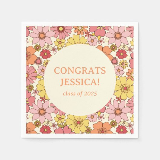 Retro Pink Yellow Floral Groovy Graduy Party Servet (Voorkant)