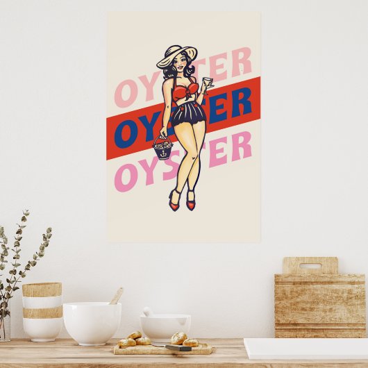 Retro Pinup Girl en New England Style Oyster Poster (Keuken)