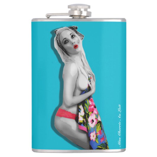 Retro Pinup Girl Hip Flask met Miss Cherrie Blauwg Heupfles (Voorkant)