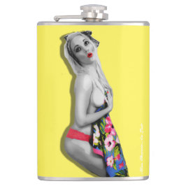 Retro Pinup Girl Hip Flask Miss Cherrie Yellow Heupfles