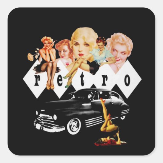 Retro Pinup Girls en een Hot Rod Vierkante Sticker (Voorkant)
