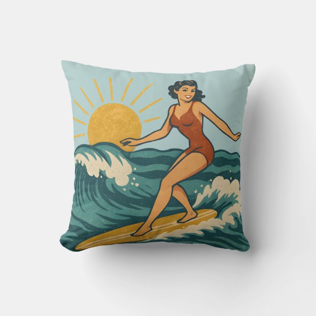 Retro Pinup Surfer Reversible Surfboard Print Kussen (Voorkant)