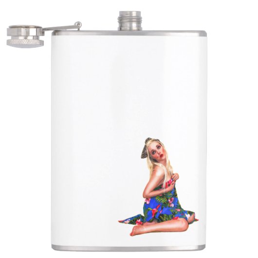 Retro Pinup Tropische Tiki Beach Meisje Witte Hip Heupfles (Geopend)