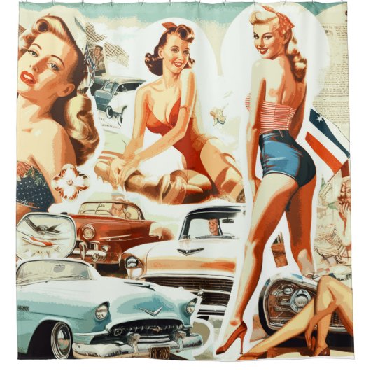 Retro Pinups Collage Douchegordijn (Voorkant)