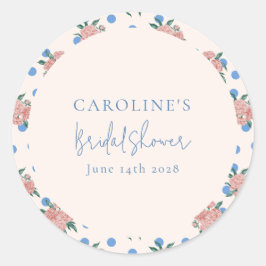 Retro Pioen Bloem Blauw Stippen Bruidsdouche Custo Ronde Sticker
