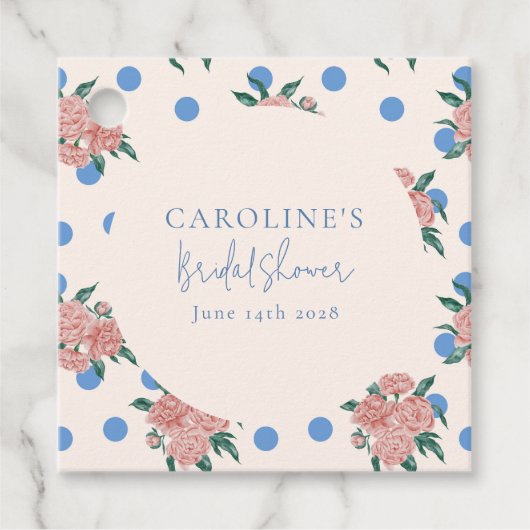 Retro Pioen Bloem Blauw Stippen Bruiloft Shower Cu Bedankjes Labels (Voorkant)