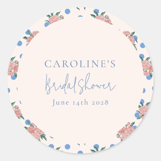 Retro Pioen Bloemendesign Blauwe Stippen Bruiloft  Ronde Sticker (Voorkant)