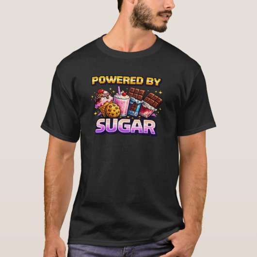 Retro Pixel Arcade Aangedreven Door Suiker T-Shirt (Voorkant)