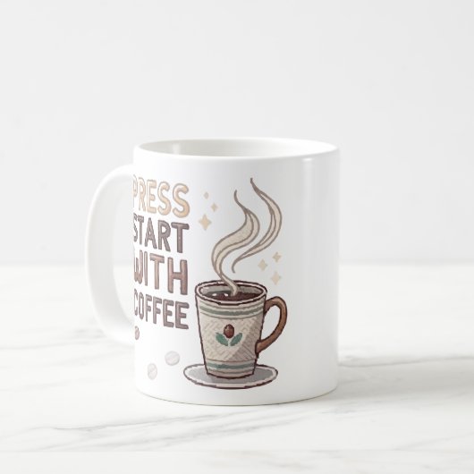 Retro Pixel Art "Druk op Start met Koffie" Gamer M Koffiemok (Voorkant links)