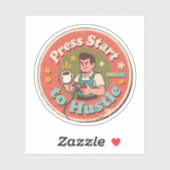 Retro Pixel Art Druk op Start om te Hustlen Koffie Sticker (Vel)