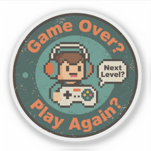 Retro Pixel Art Game Over Speel Opnieuw Gamer Desi Sticker (Voorkant)