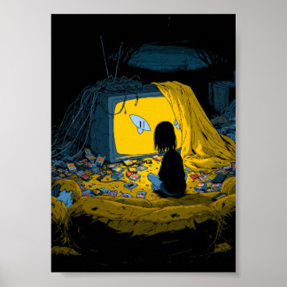 Retro Pixel Art Gamer die een gloeiende gele TV be Poster