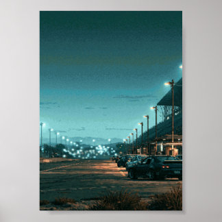 Retro Pixel Art JDM Auto's Geparkeerd Onder Glowen Poster