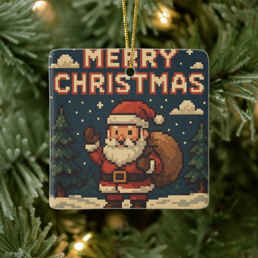 Retro Pixel Art Merry Christmas Keramisch Ornament (Boom)