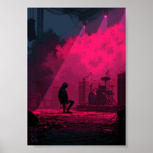 Retro Pixel Art Muzikant Rustend op het Podium Poster (Voorkant)