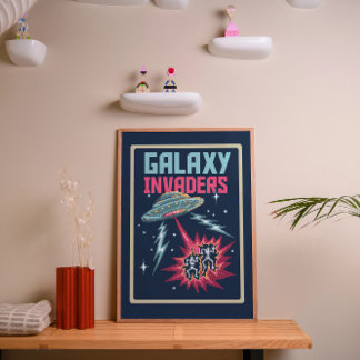 Retro Pixel Art Neon Roze en Turquoise Galaxy Inva Poster