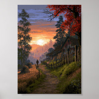 Retro Pixel Art Plattelandspad Langs Poster