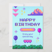 Retro Pixel Blauw Paarse Verjaardag B-Dag Kaart (Voorkant)