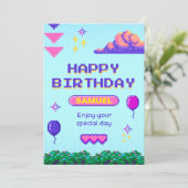 Retro Pixel Blauw Paarse Verjaardag B-Dag Kaart (Staand voorkant)