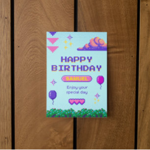 Retro Pixel Blauw Paarse Verjaardag B-Dag Kaart