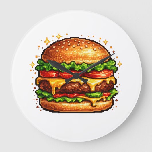 Retro Pixel Cheeseburger Clock Grote Klok (Voorkant)