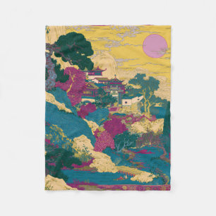 Retro Pixel Chinese Tuin Landschapskunst Fleece Deken