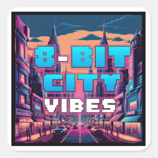 Retro Pixel City Vierkante Sticker (Voorkant)