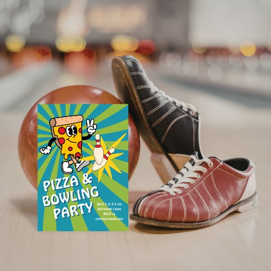 Retro Pizza en Bowling Verjaardagsuitnodiging Kaart