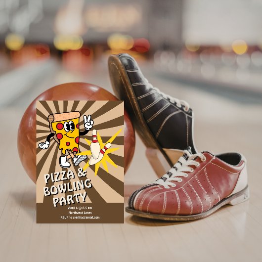 Retro Pizza en Bowling Verjaardagsuitnodiging Kaart